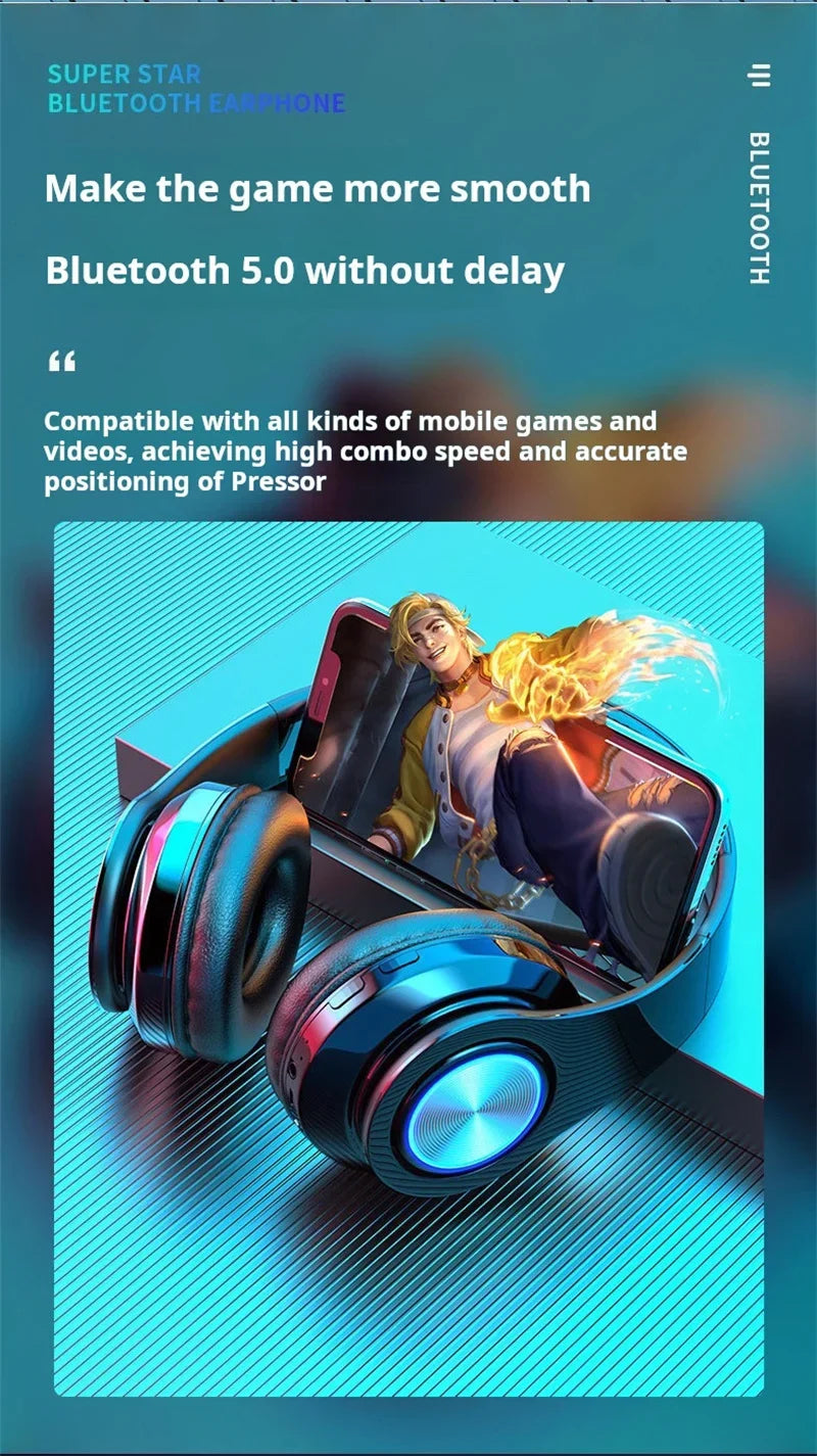 Headsets Gamer Headphones, Blutooth Surround Sound Stereo, Wireless Earphone USB With, MicroPhone Colourful Light PC Laptop Headset