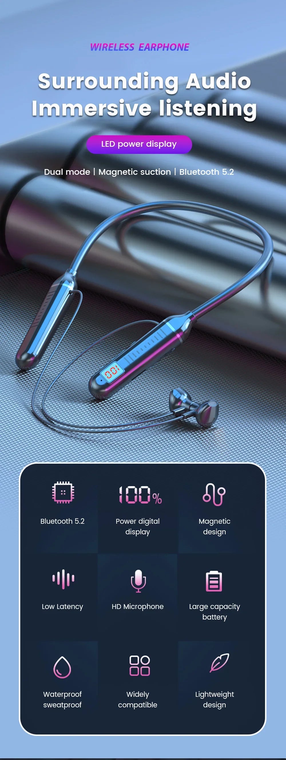 Wireless Earphones 5.3 Neckband, Headphones Gaming LED Display, Stereo Sports Headset Halter, Waterproof Magnetic Earbuds