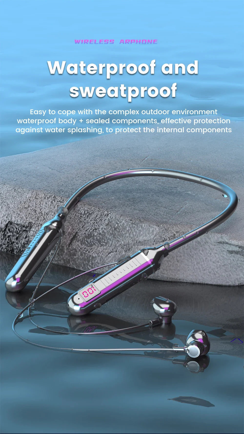 Wireless Earphones 5.3 Neckband, Headphones Gaming LED Display, Stereo Sports Headset Halter, Waterproof Magnetic Earbuds