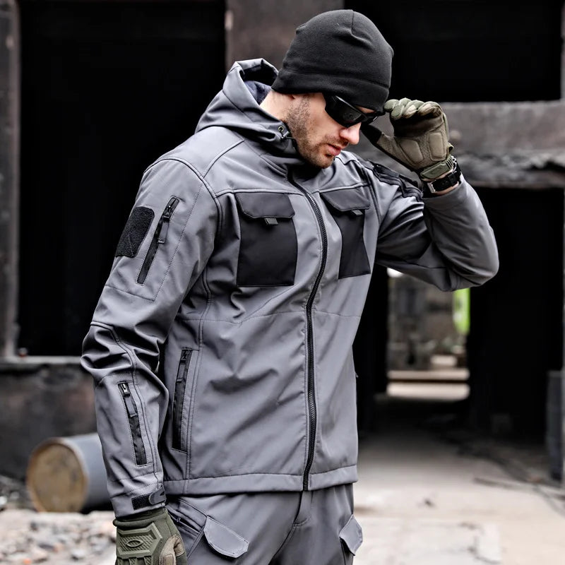 Men’s Military Patchwork Jacket – Winter Travel, Hooded Zipper Coat