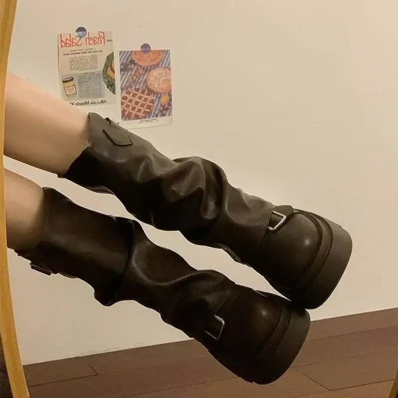 Women’s Mid-Calf Platform Boots – Square Toe, Side Zip, Belt Buckle Design