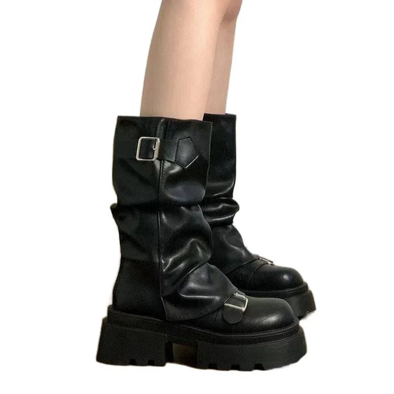 Women’s Mid-Calf Platform Boots – Square Toe, Side Zip, Belt Buckle Design