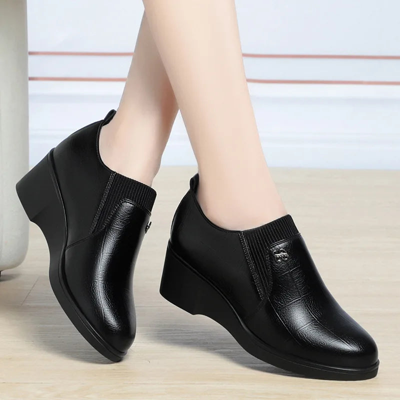 Women’s 2025 PU Wedge Slip-On Shoes – Waterproof Medium Heel Shoes