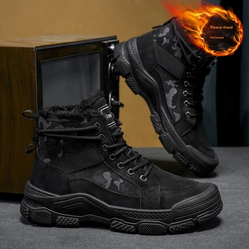 Men’s Winter Ankle Snow Boots – PU Lace-Up Round Toe Velvet Lined Shoes