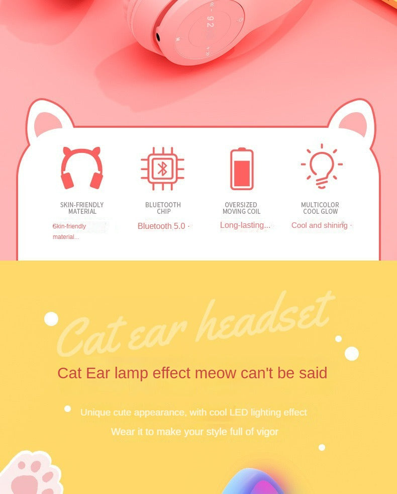 Wireless Headphones Cat Ear, Bluetooth-Compatible Helmets, Stereo Bass Over-Ear Headsets, Sports Headphones for Kids and Adult