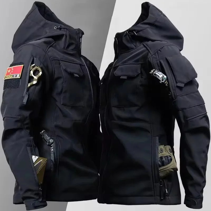 Men’s Military Patchwork Jacket – Winter Travel, Hooded Zipper Coat