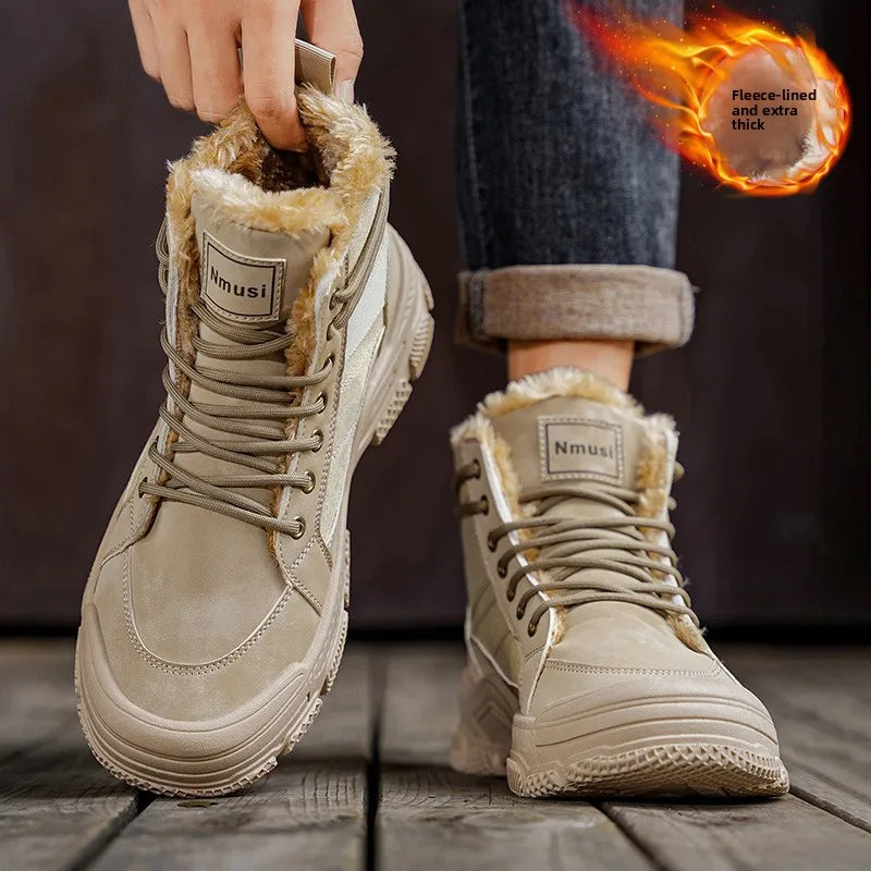 Men’s Winter Ankle Snow Boots – PU Lace-Up Round Toe Velvet Lined Shoes